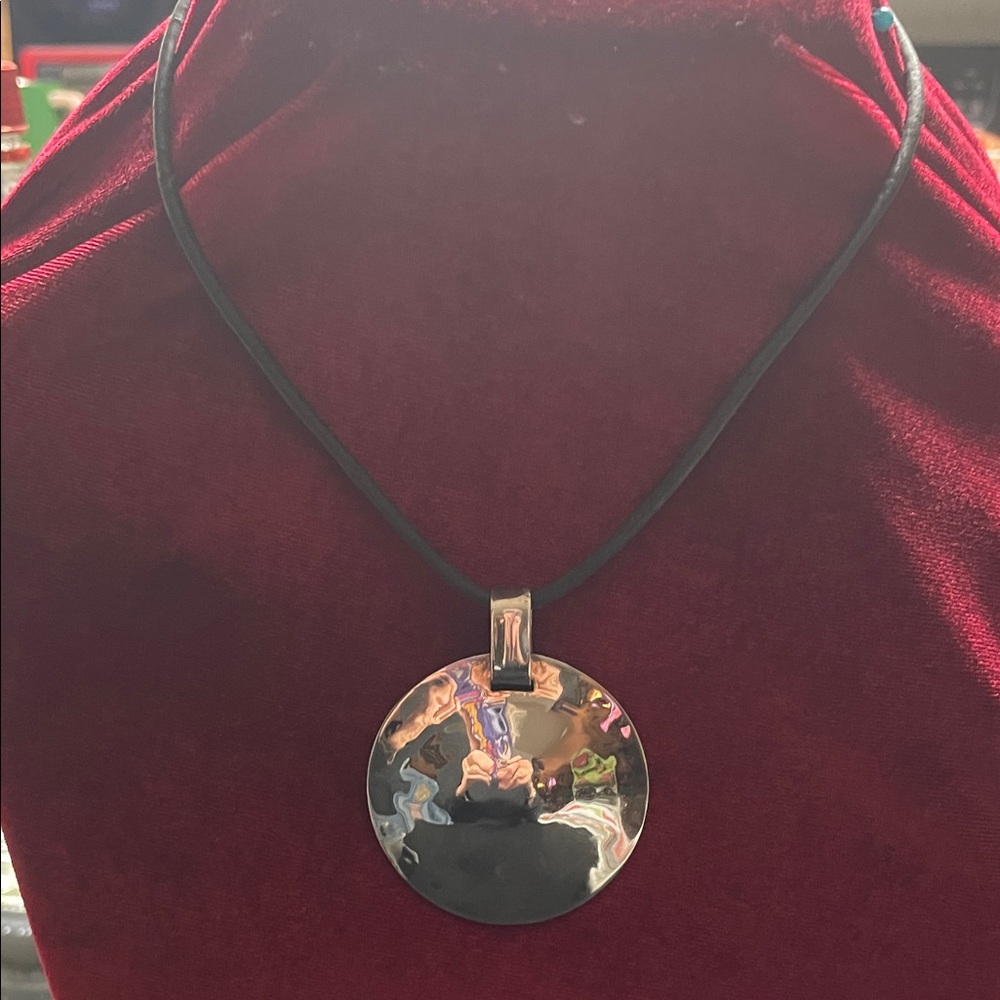 ONE WORLD Silver Disc Pendant Necklace with Black Cord